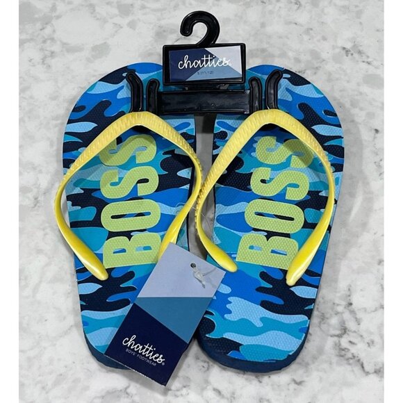 Chatties Boys Blue & Yellow Boss Camo Flip Flops Size 11/12 - Picture 1 of 2